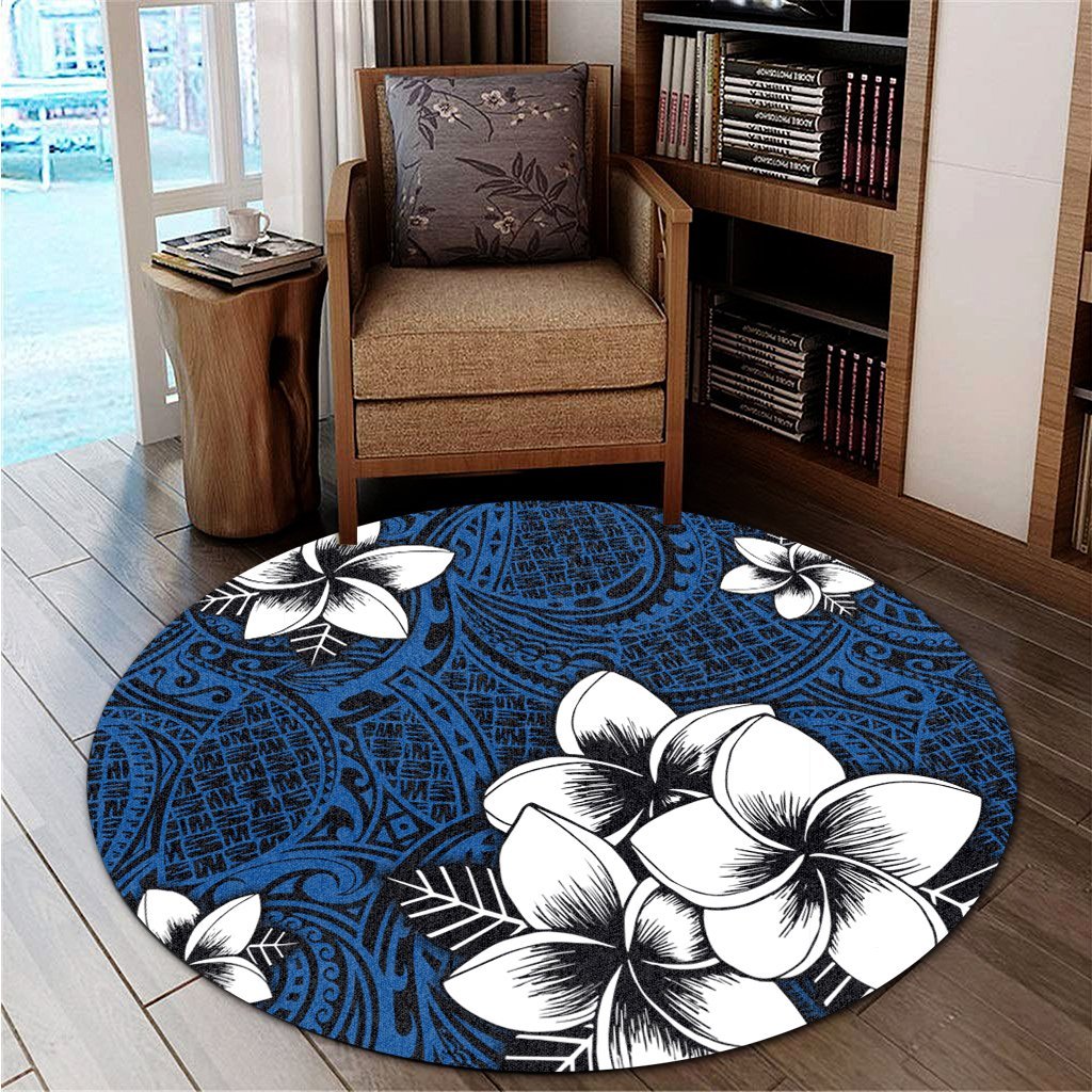 Hawaiian Plumeria Tribal Polynesian Round Carpet Blue AH - Polynesian Pride