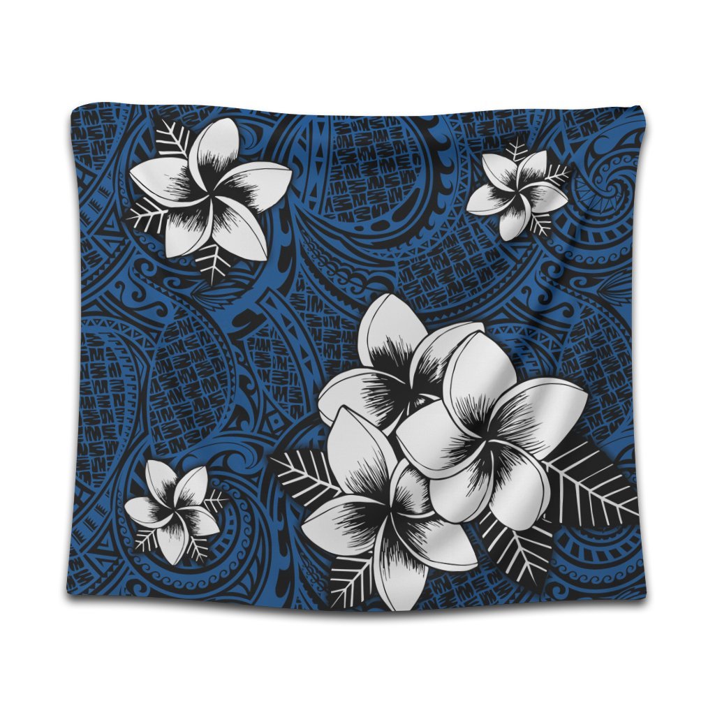 Hawaiian Plumeria Tribal Polynesian Tapestry Blue AH Wall Tapestry Black - Polynesian Pride