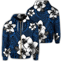 Hawaiian Plumeria Tribal Polynesian Zip Hoodie Blue Unisex Art - Polynesian Pride