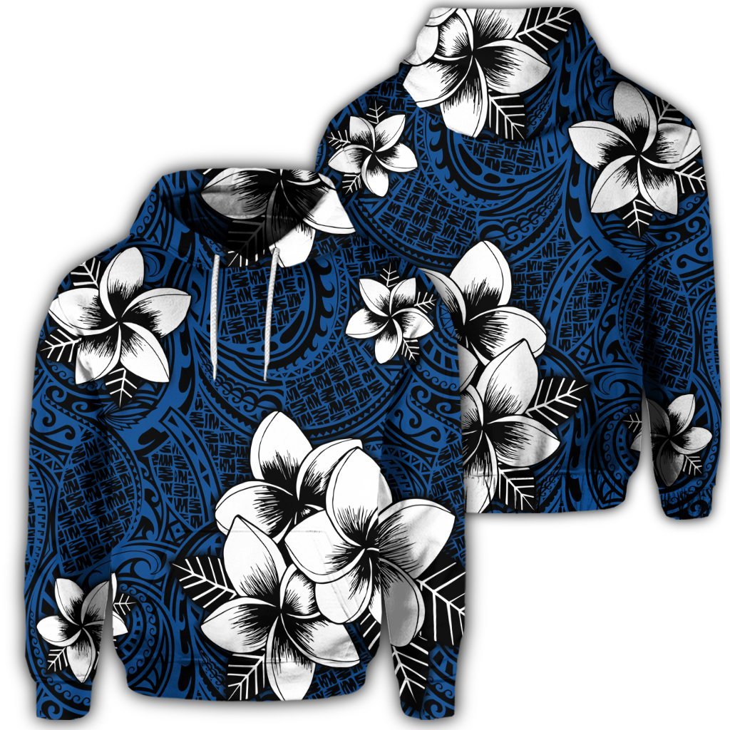 Hawaiian Plumeria Tribal Polynesian Hoodie Blue Unisex Art - Polynesian Pride