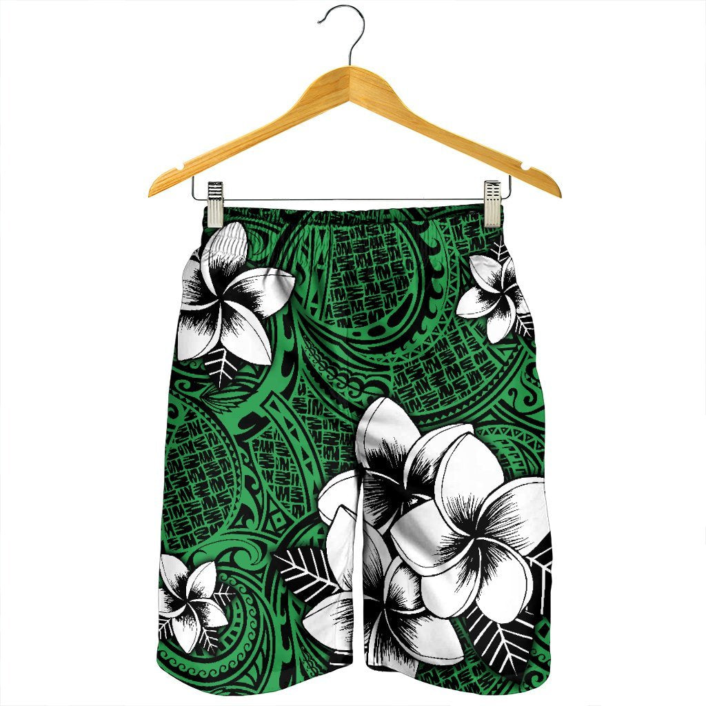 Hawaiian Plumeria Tribal Polynesian Men's Shorts Green AH - Polynesian Pride
