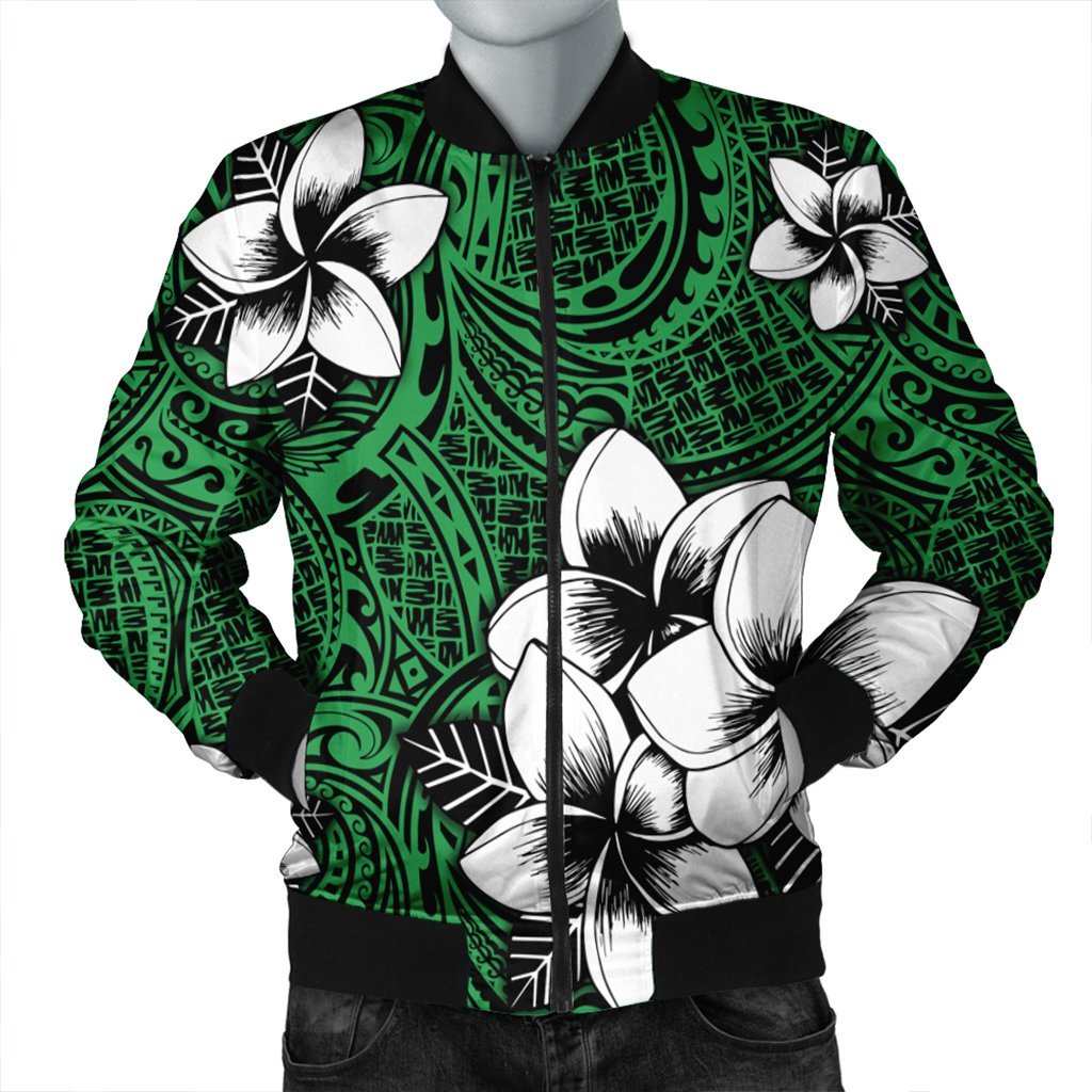 Hawaiian Plumeria Tribal Polynesian Bomber Jacket Green AH Black Unisex - Polynesian Pride