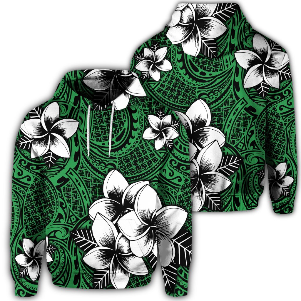 Hawaiian Plumeria Tribal Polynesian Hoodie Green Unisex Art - Polynesian Pride