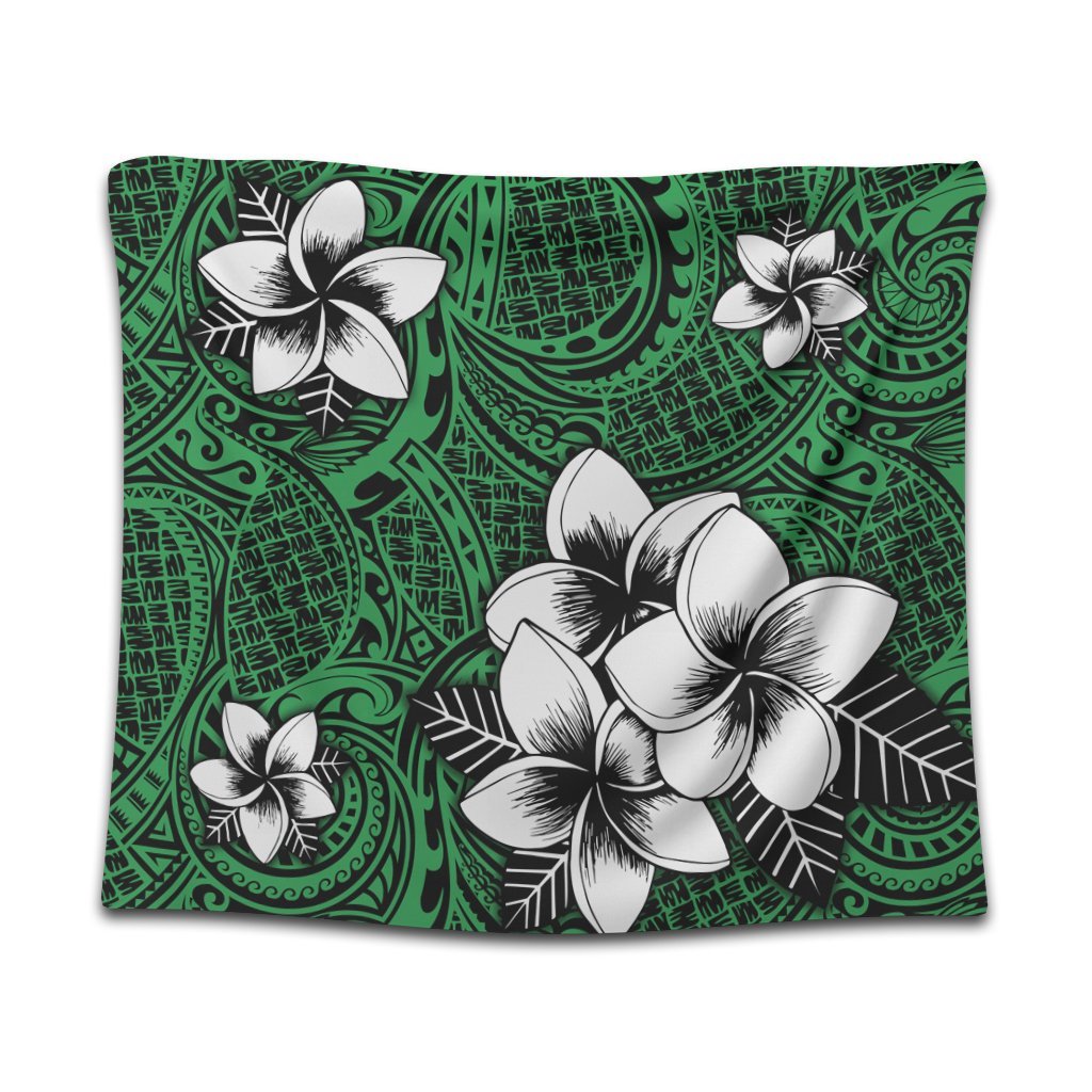 Hawaiian Plumeria Tribal Polynesian Tapestry Green AH Wall Tapestry Black - Polynesian Pride