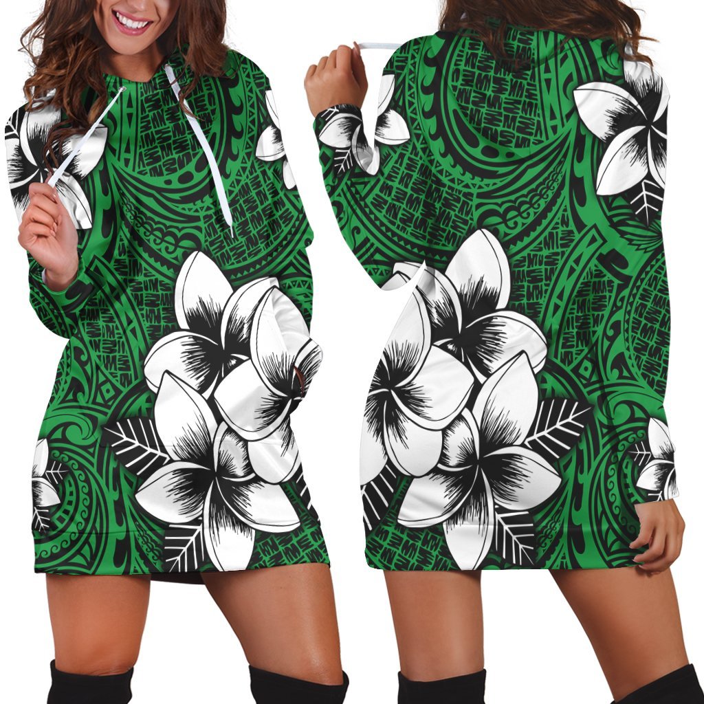 Hawaiian Plumeria Tribal Polynesian Hoodie Dress Green AH Black - Polynesian Pride