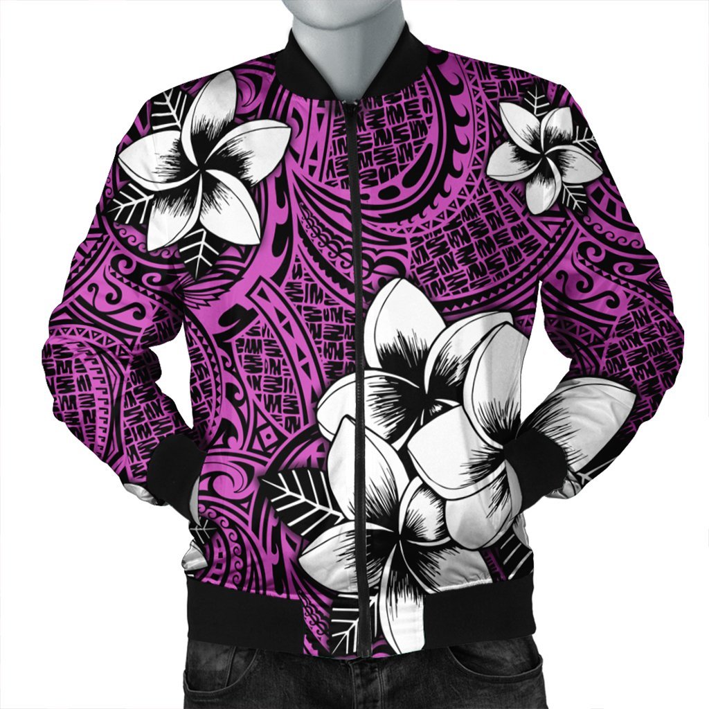 Hawaiian Plumeria Tribal Polynesian Bomber Jacket Pink AH Black Unisex - Polynesian Pride