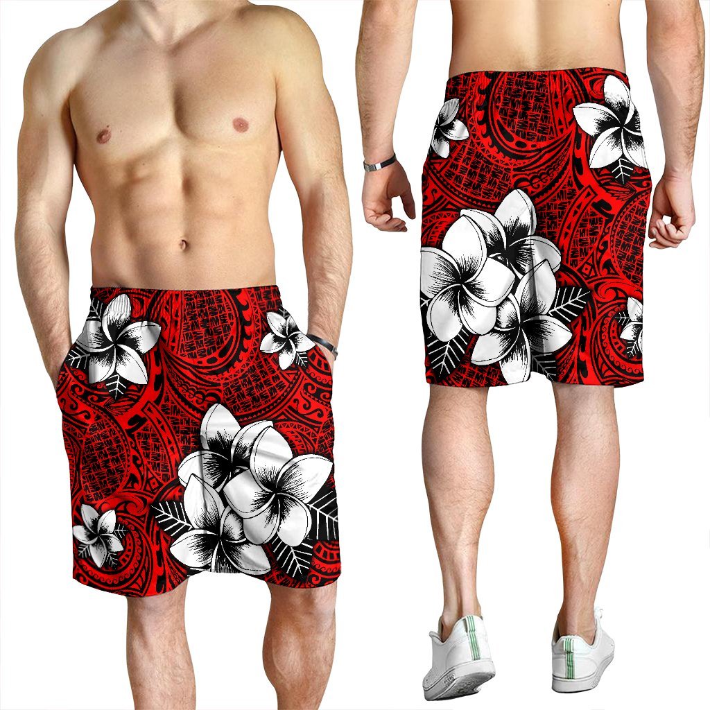 Hawaiian Plumeria Tribal Polynesian Men's Shorts Red AH - Polynesian Pride
