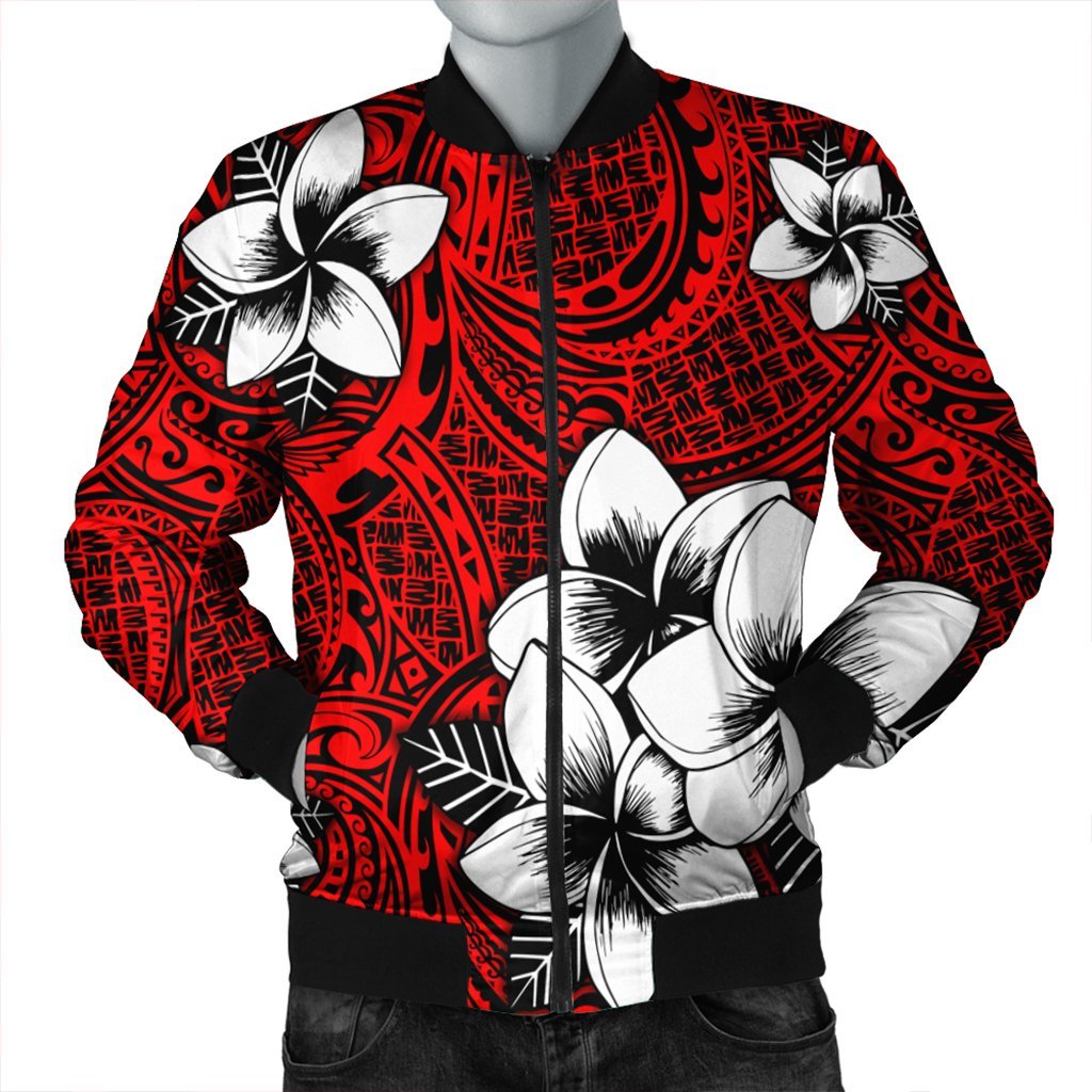 Hawaiian Plumeria Tribal Polynesian Bomber Jacket Red AH Black Unisex - Polynesian Pride