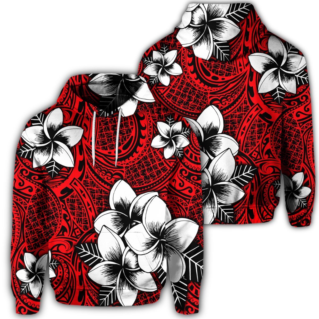 Hawaiian Plumeria Tribal Polynesian Hoodie Red Unisex Art - Polynesian Pride