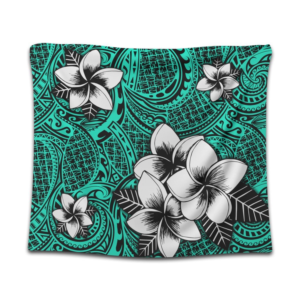 Hawaiian Plumeria Tribe Turquoise Polynesian Tapestry AH Wall Tapestry Black - Polynesian Pride