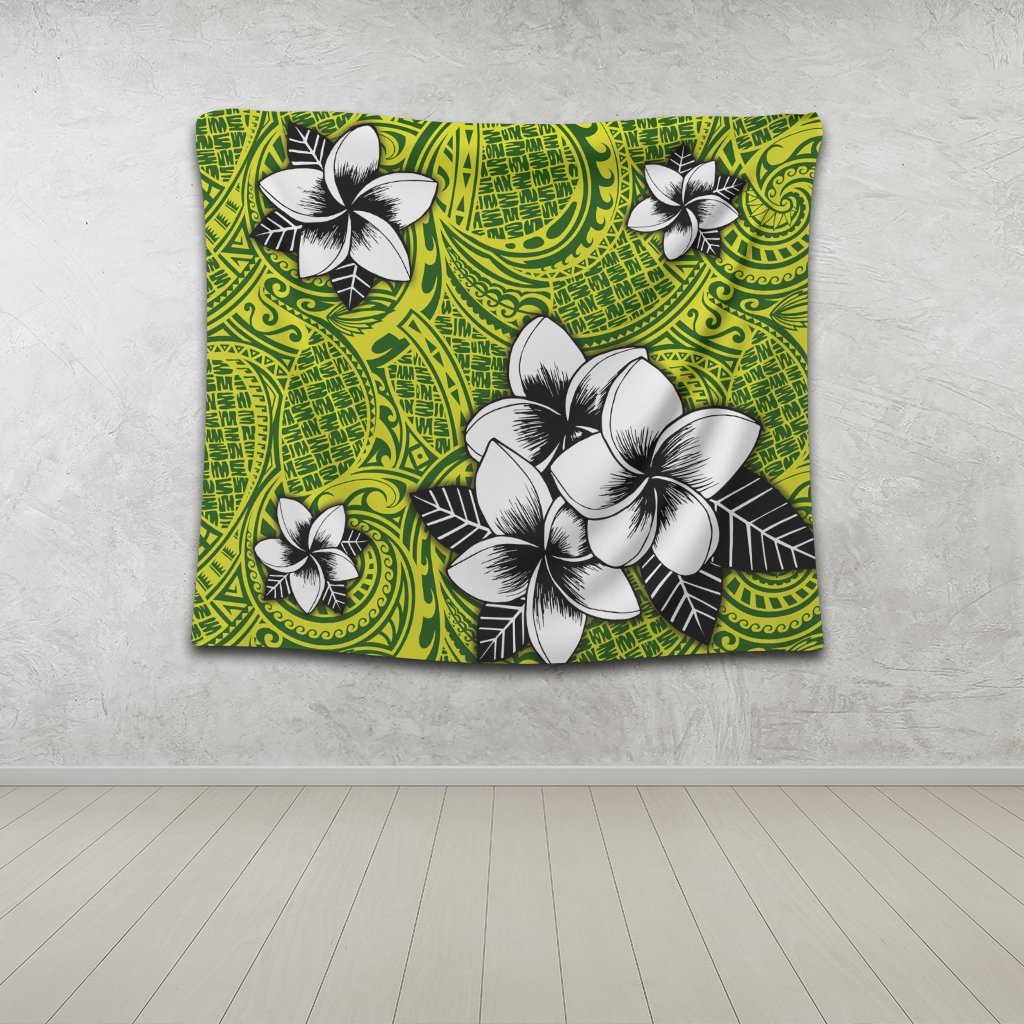 Hawaiian Plumeria Tribe Yellow Green Polynesian Tapestry AH - Polynesian Pride