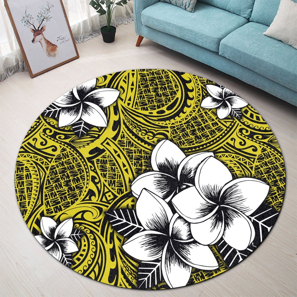 Hawaiian Plumeria Tribe Yellow Polynesian Round Carpet AH - Polynesian Pride