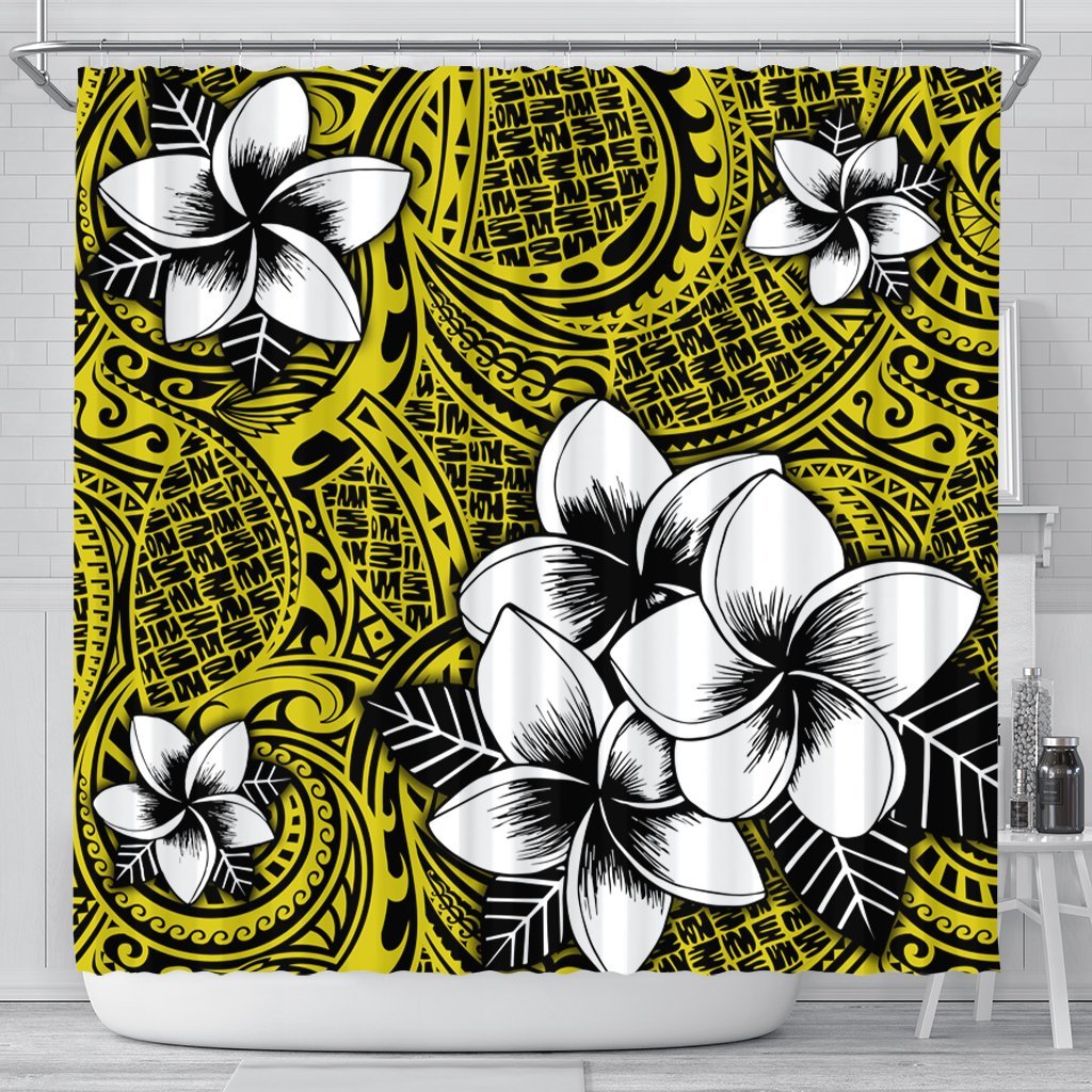 Hawaiian Plumeria Tribe Yellow Polynesian Shower Curtain AH 177 x 172 (cm) Black - Polynesian Pride