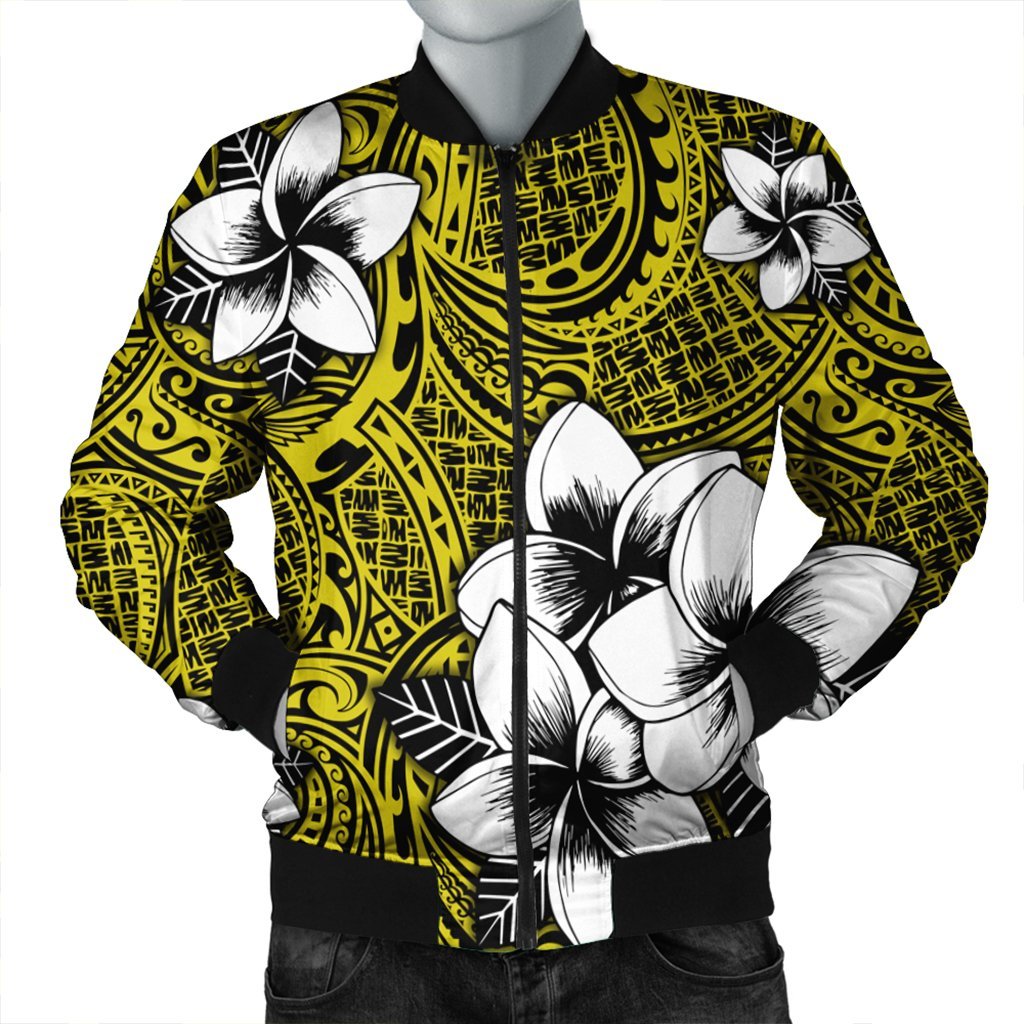 Hawaiian Plumeria Tribe Yellow Polynesian Bomber Jacket AH Black Unisex - Polynesian Pride