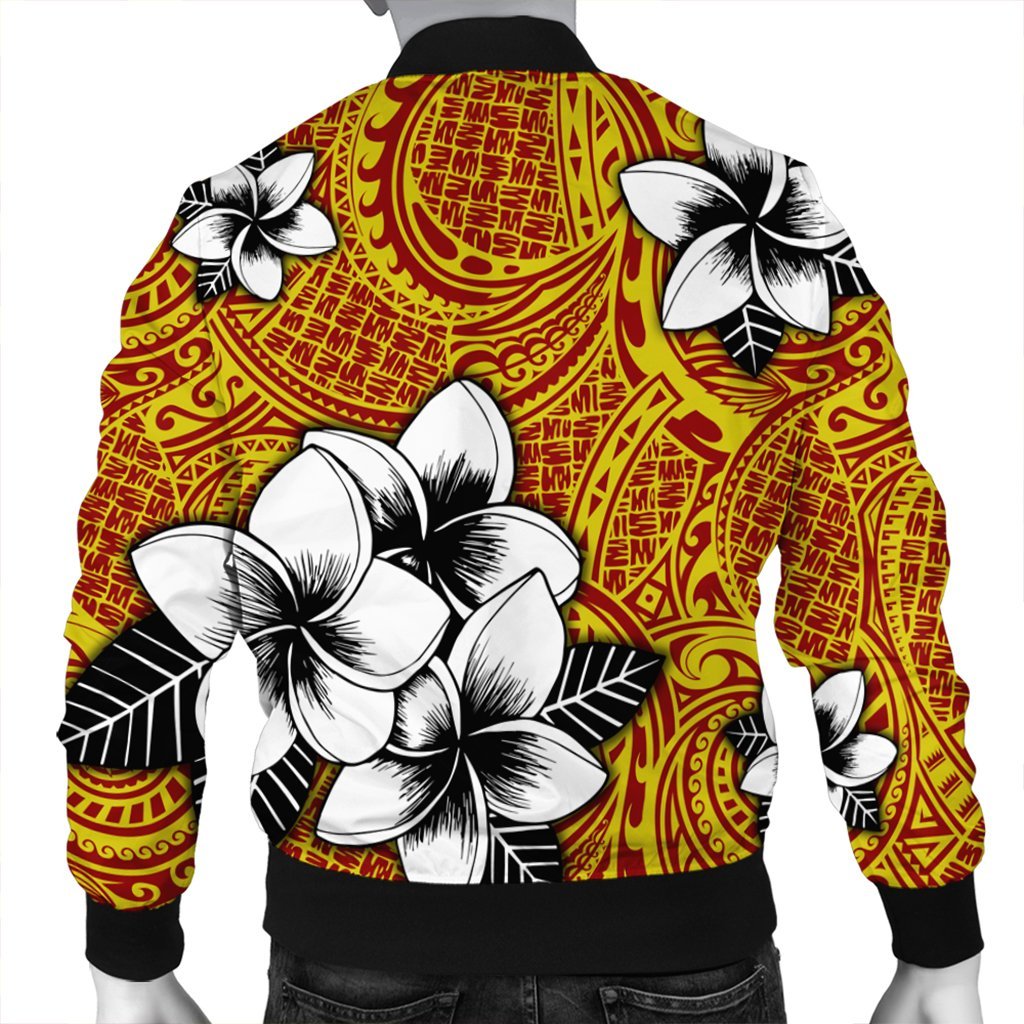 Hawaiian Plumeria Tribe Yellow Red Polynesian Bomber Jacket AH - Polynesian Pride