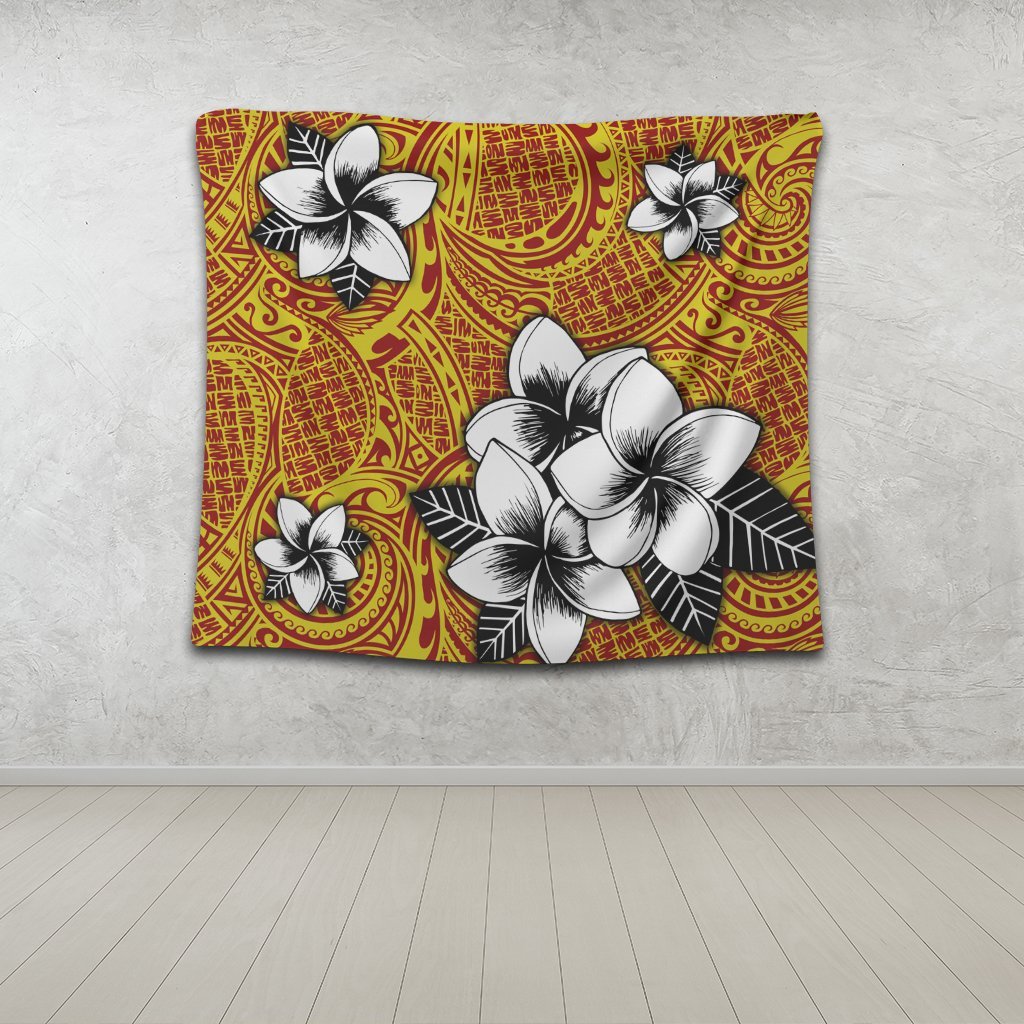 Hawaiian Plumeria Tribe Yellow Red Polynesian Tapestry AH - Polynesian Pride
