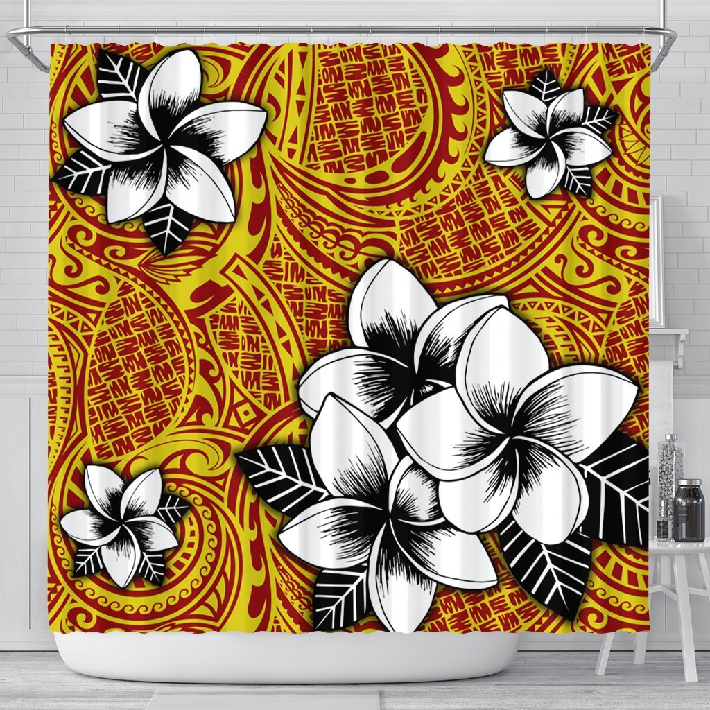 Hawaiian Plumeria Tribe Yellow Red Polynesian Shower Curtain AH 177 x 172 (cm) Black - Polynesian Pride