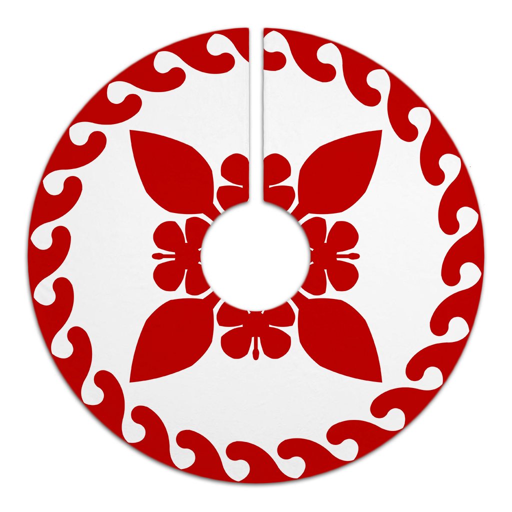 Hawaiian Quilt Pattern Hibiscus Paddle Lovely Tree Skirt - Red White - AH - Polynesian Pride