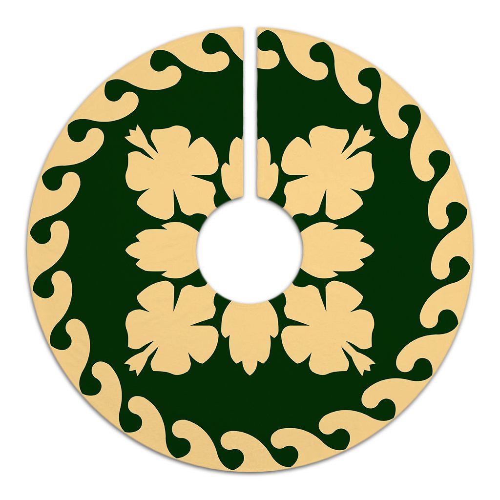 Hawaiian Quilt Pattern Hibiscus Tree Skirt - Green Beige - AH - Polynesian Pride