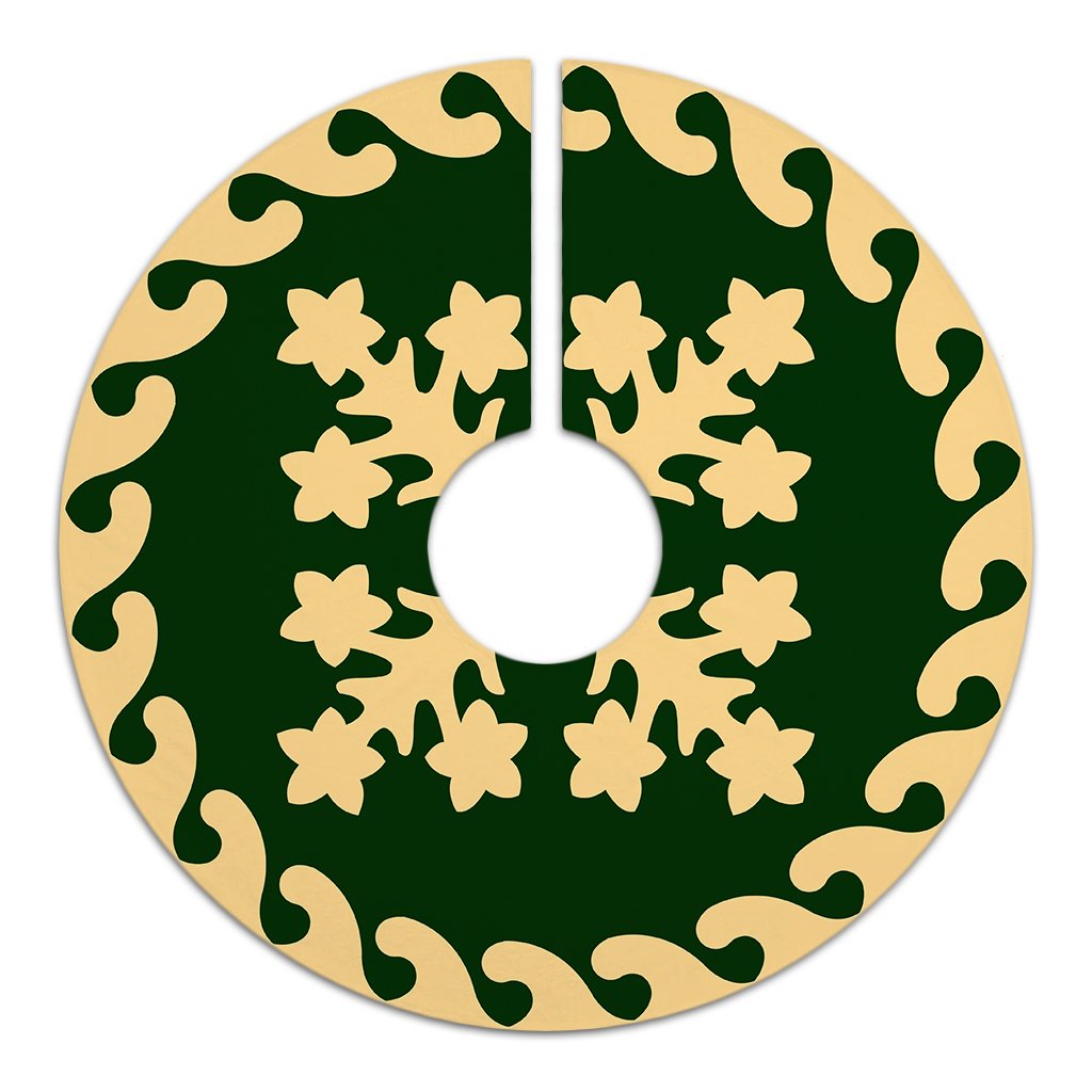 Hawaiian Quilt Pattern Many Plumeria Tree Skirt - Green Beige - AH - Polynesian Pride