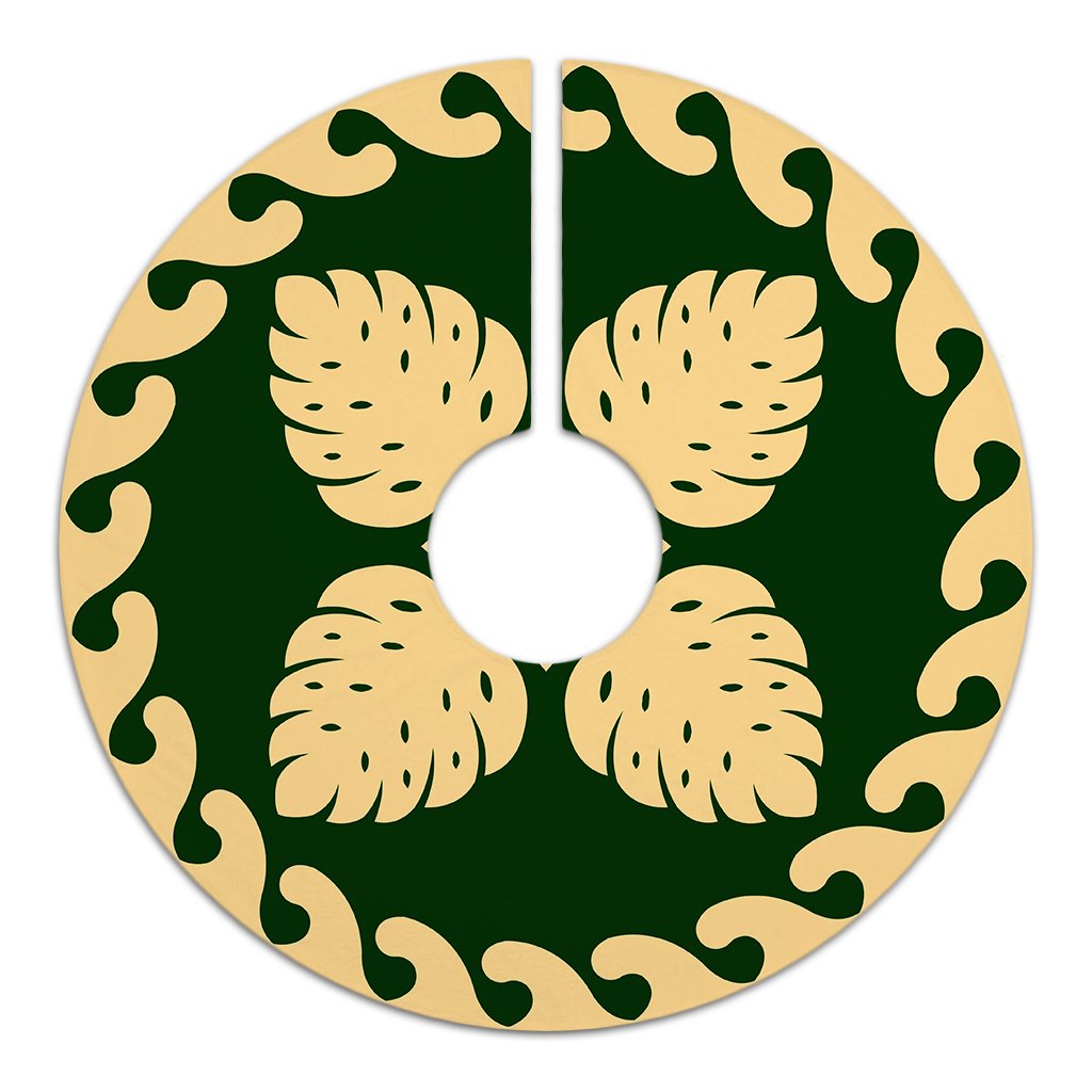 Hawaiian Quilt Pattern Monstera Symmetry Polynesian Tree Skirt - Green Beige - AH - Polynesian Pride