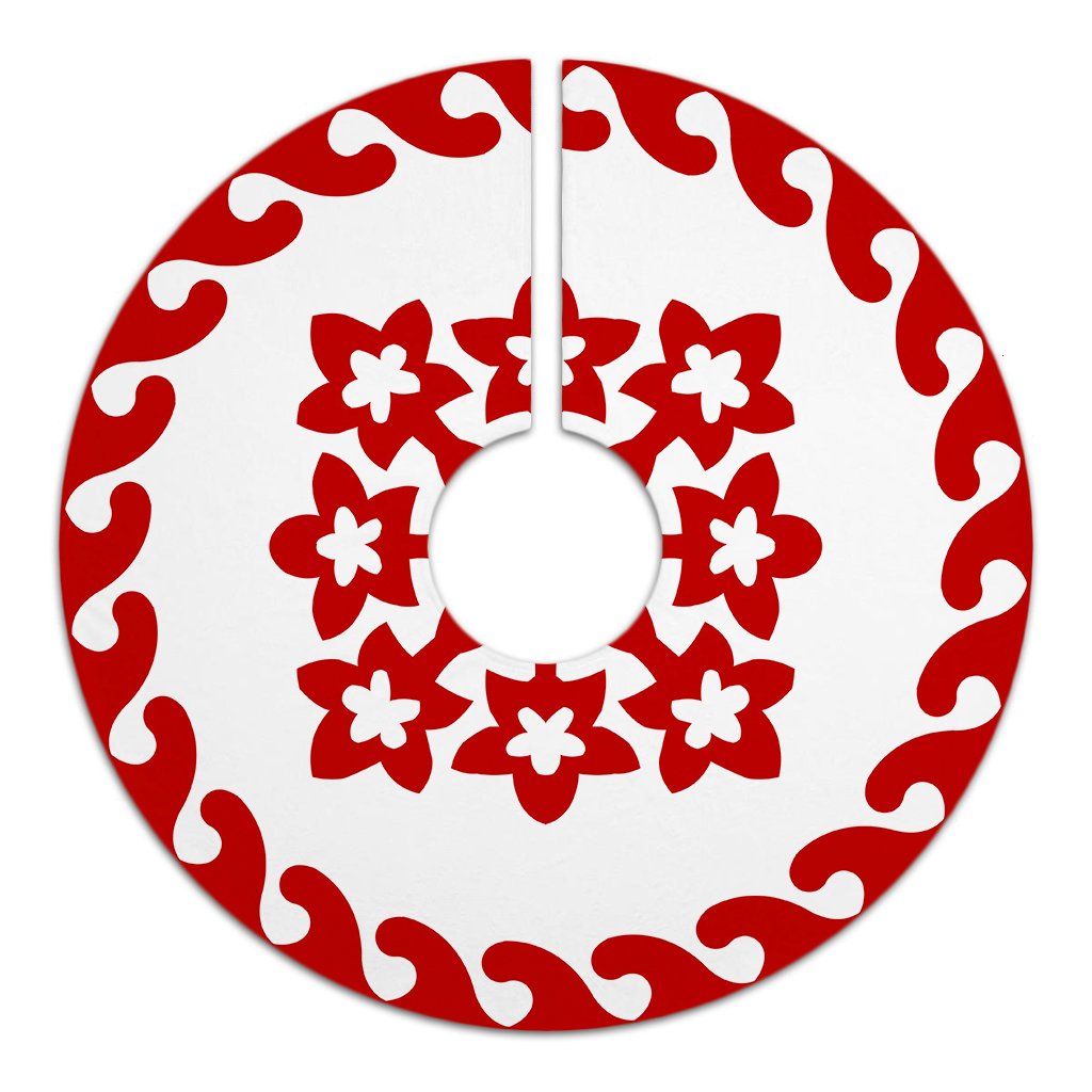 Hawaiian Quilt Pattern Plumeria Nice Tree Skirt - Red White - AH - Polynesian Pride