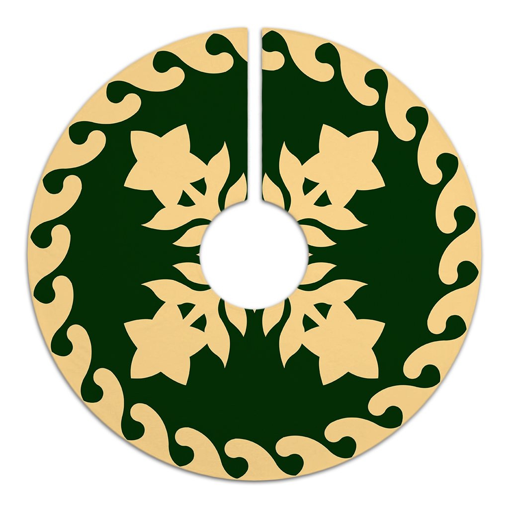 Hawaiian Quilt Pattern Star Flower Tree Skirt - Green Beige - AH - Polynesian Pride