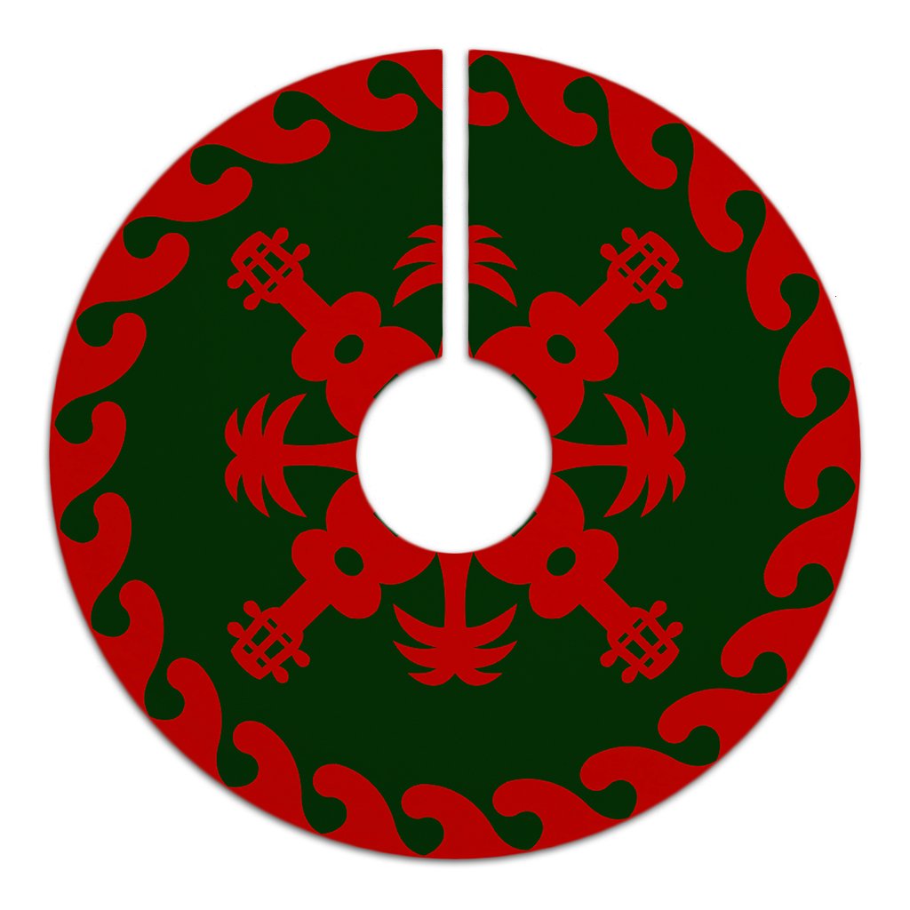 Hawaiian Quilt Pattern Ukulele And Coconut Tree Skirt - Red Green - AH - Polynesian Pride