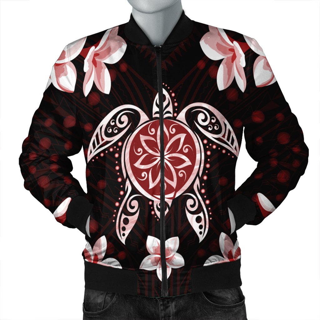 Hawaiian Reddie Turtle Plumeria Bomber Jacket AH Black Unisex - Polynesian Pride