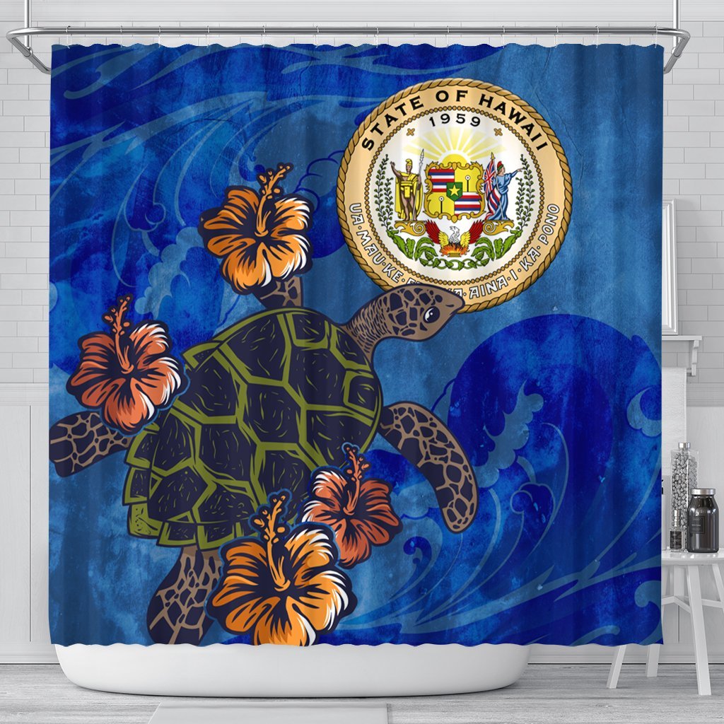 Hawaiian Seal Of Hawaii Hibiscus Ocean Turtle Polynesian Shower Curtain - AH 177 x 172 (cm) Black - Polynesian Pride