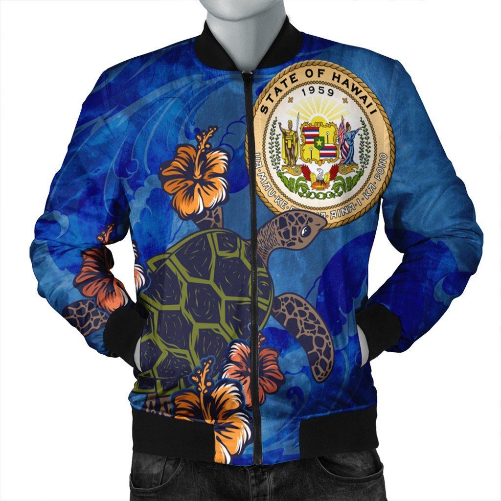 Hawaiian Seal Of Hawaii Hibiscus Ocean Turtle Polynesian Bomber Jacket - AH Black Unisex - Polynesian Pride