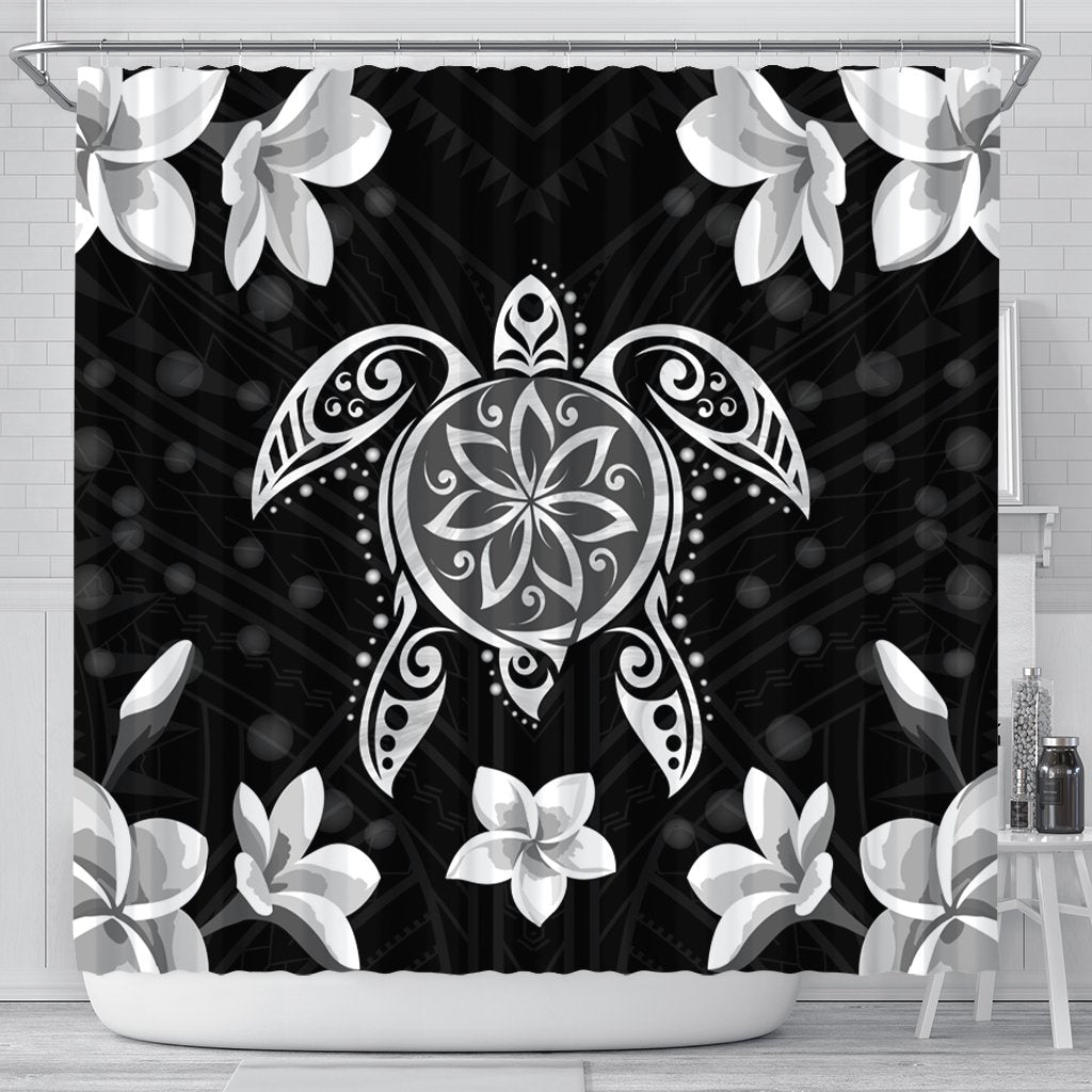 Hawaiian Silver Turtle Plumeria Shower Curtain AH 177 x 172 (cm) Black - Polynesian Pride