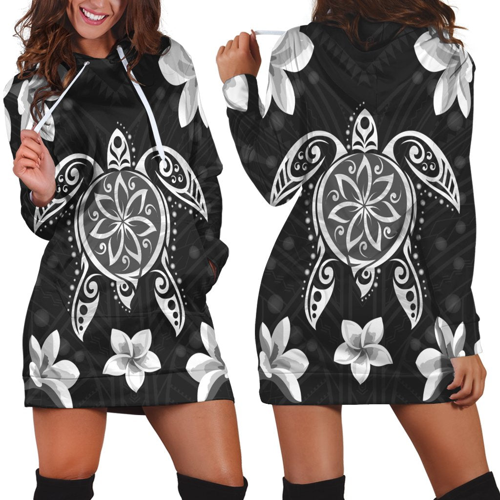 Hawaiian Silver Turtle Plumeria Hoodie Dress AH Black - Polynesian Pride