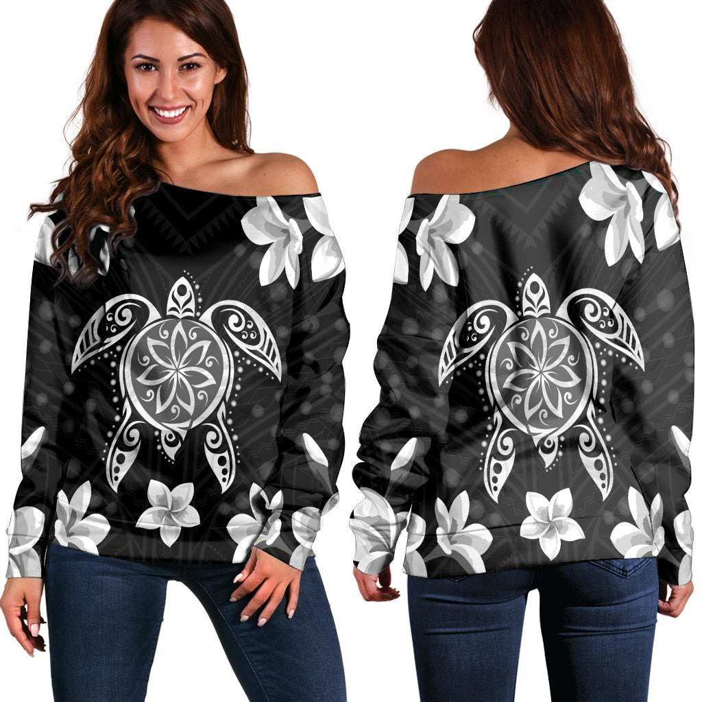 Hawaiian Silver Turtle Plumeria Women's Off Shoulder Sweater AH Black - Polynesian Pride