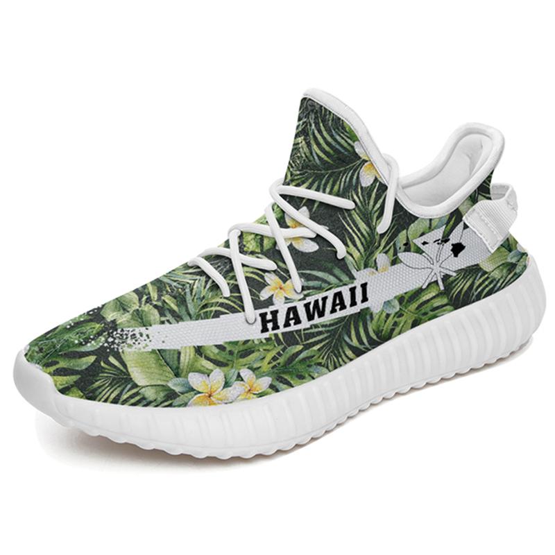 Hawaiian Sneakers YZ Summer Plumerias Flowers Palm Tree Monstera Leaves White - Polynesian Pride