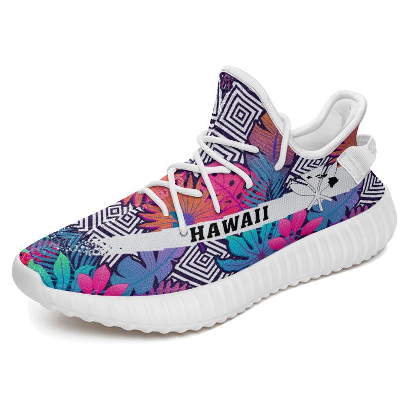 Hawaiian Sneakers YZ Tropical Exotic Leaves And Flowers On Geometrical Ornament White - Polynesian Pride
