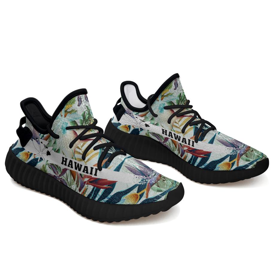 Hawaiian Sneakers YZ Tropical Flower Plant And Leaf Pattern Black - Polynesian Pride
