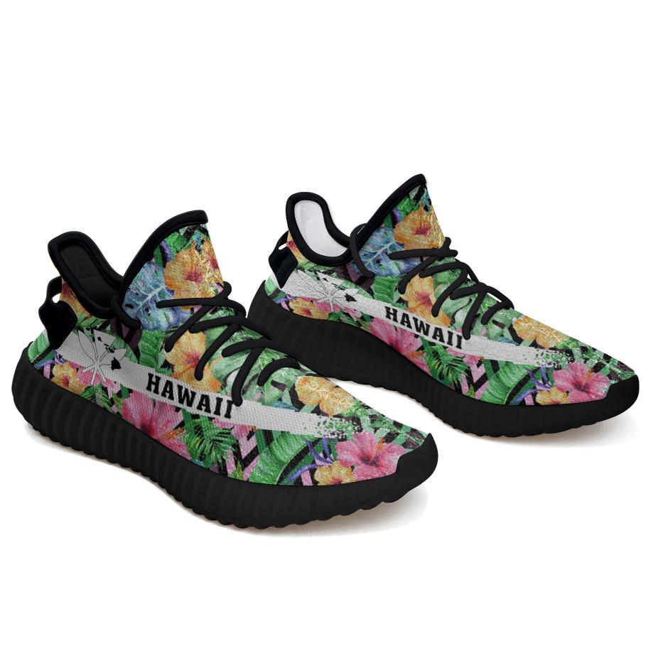 Hawaiian Sneakers YZ Tropical Hibiscus Banana Leafs Black - Polynesian Pride