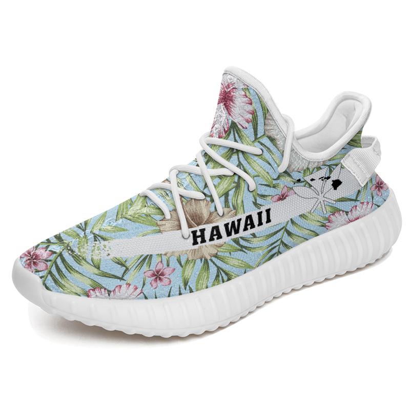 Hawaiian Sneakers YZ Tropical Hibiscus Palm Leaves White - Polynesian Pride