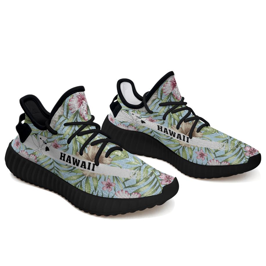 Hawaiian Sneakers YZ Tropical Hibiscus Palm Leaves Black - Polynesian Pride