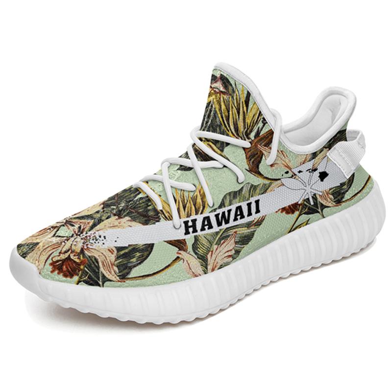 Hawaiian Sneakers YZ Vintage Tropical Jungle Leaves Orchid Bird White - Polynesian Pride
