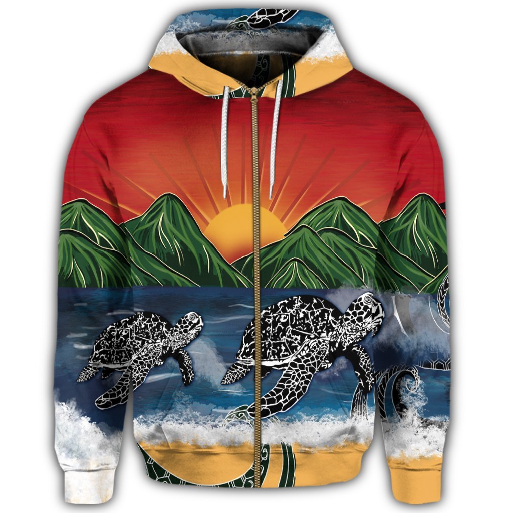 Hawaiian Sunset Ocean Turtle Zip Hoodie - Polynesian Pride