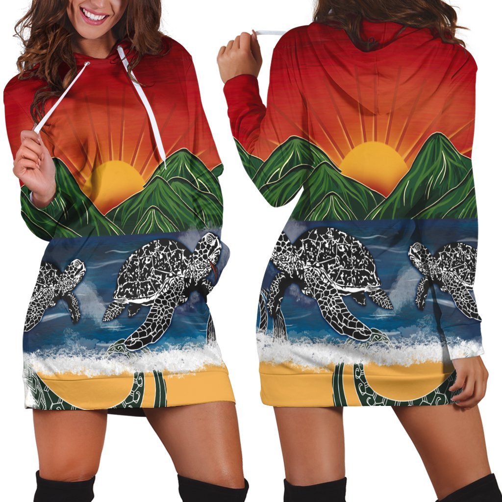 Hawaiian Sunset Ocean Turtle Hoodie Dress - AH Black - Polynesian Pride