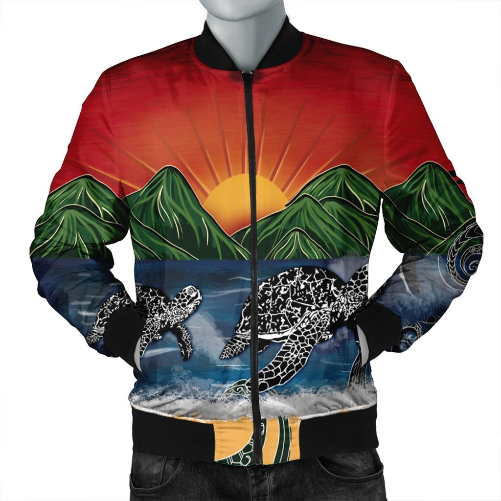 Hawaiian Sunset Ocean Turtle Bomber Jacket - AH Black Unisex - Polynesian Pride