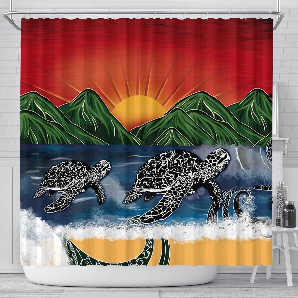 Hawaiian Sunset Ocean Turtle Shower Curtain - AH 177 x 172 (cm) Black - Polynesian Pride