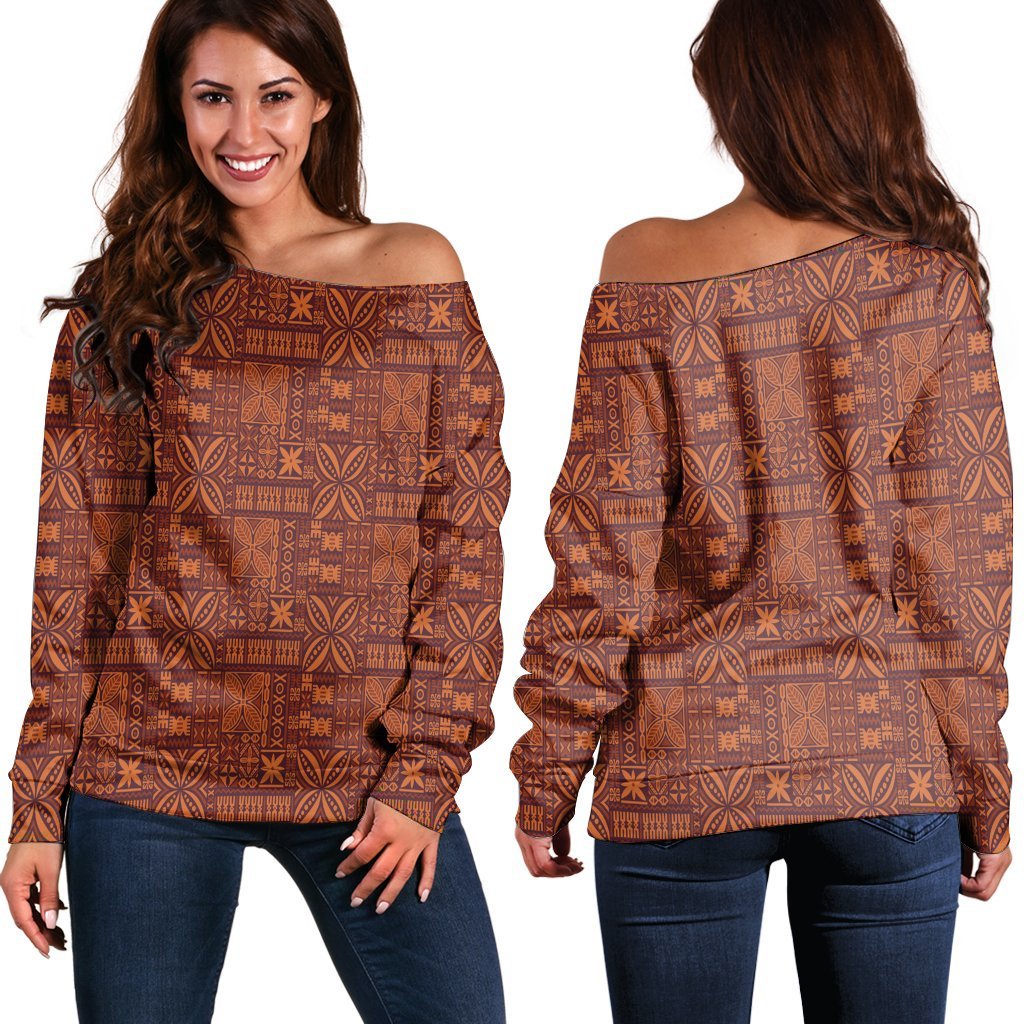 Hawaiian Traditional Aboriginal Pattern Polynesian Women's Off Shoulder Sweater - AH Black - Polynesian Pride