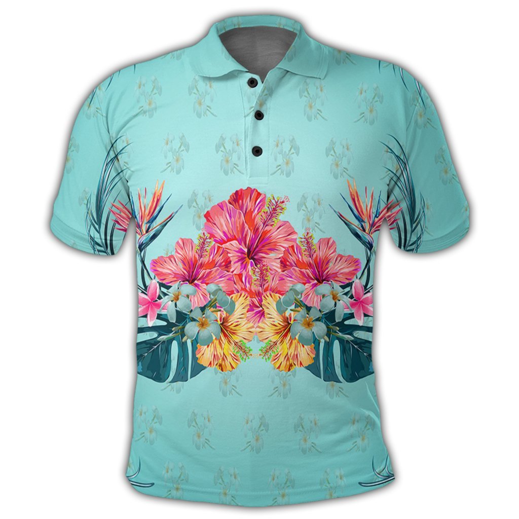 Hawaiian Tropical Strelitzia Hibiscus Plumeria Centre Polo Shirt - Polynesian Pride