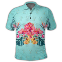Hawaiian Tropical Strelitzia Hibiscus Plumeria Centre Polo Shirt - Polynesian Pride