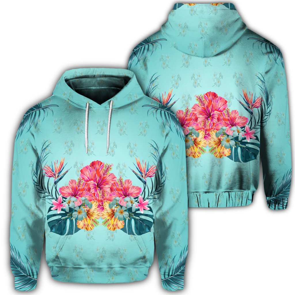 Hawaiian Tropical Strelitzia Hibiscus Plumeria Centre Hoodie Unisex Art - Polynesian Pride