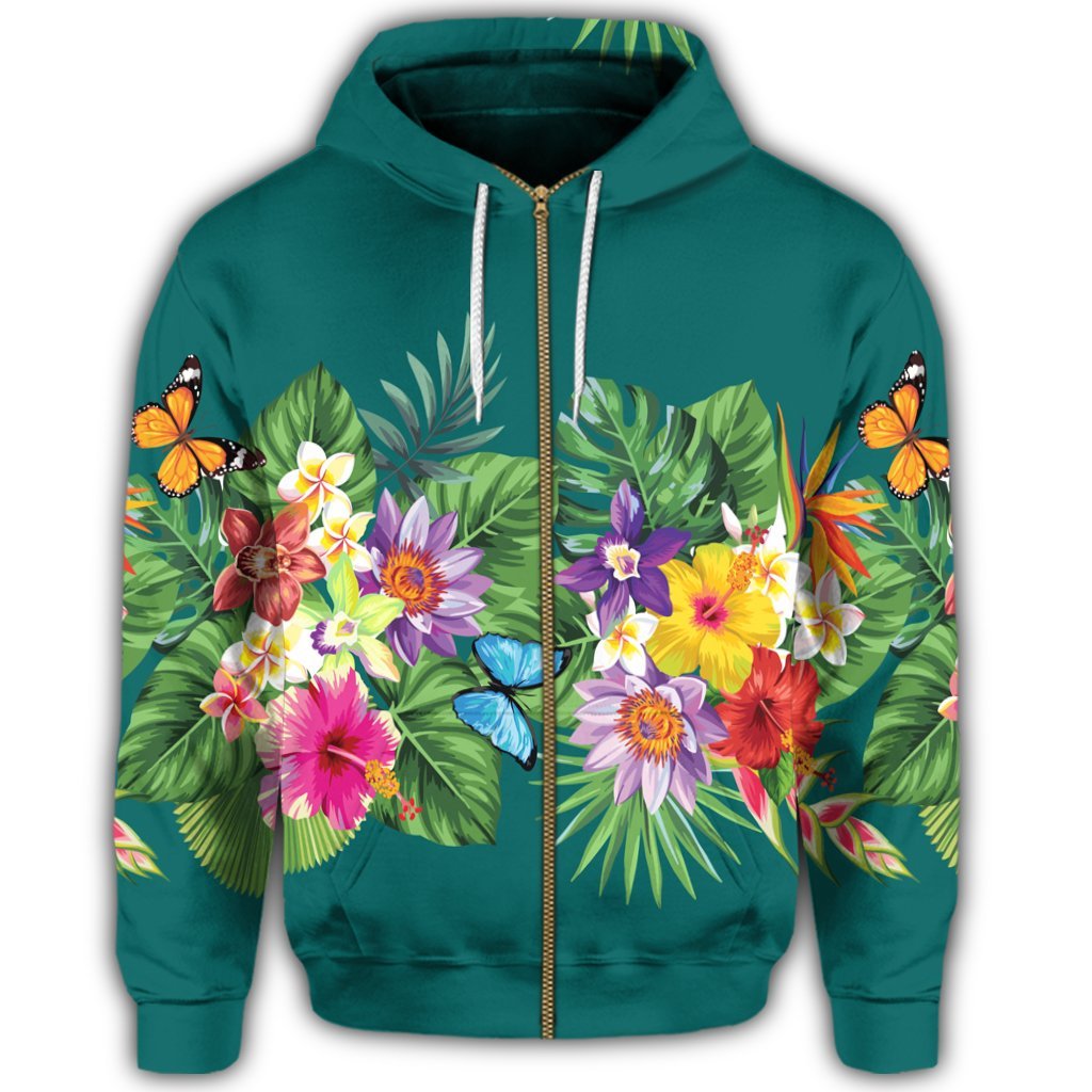 Hawaiian Tropical Strelitzia Plumeria Orchids Hibiscus Polynesian Zip Hoodie - Polynesian Pride